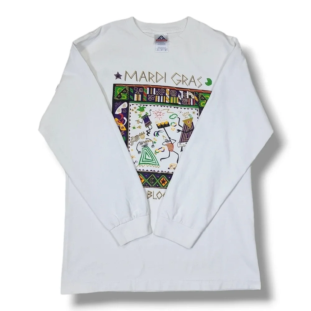 Vintage Mardi Gras JGH Blood Bank Long Sleeve‎ White AAA T-Shirt Size Meduim